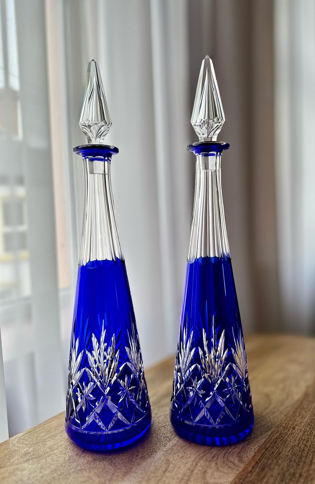 Pair Of St Louis Massenet Cut Crystal Decanters, Blue Overlay Glass, Vintage French Barware, 41 Cm Tall, Elegant Liquor Bottles (Not Signed) photo furniture