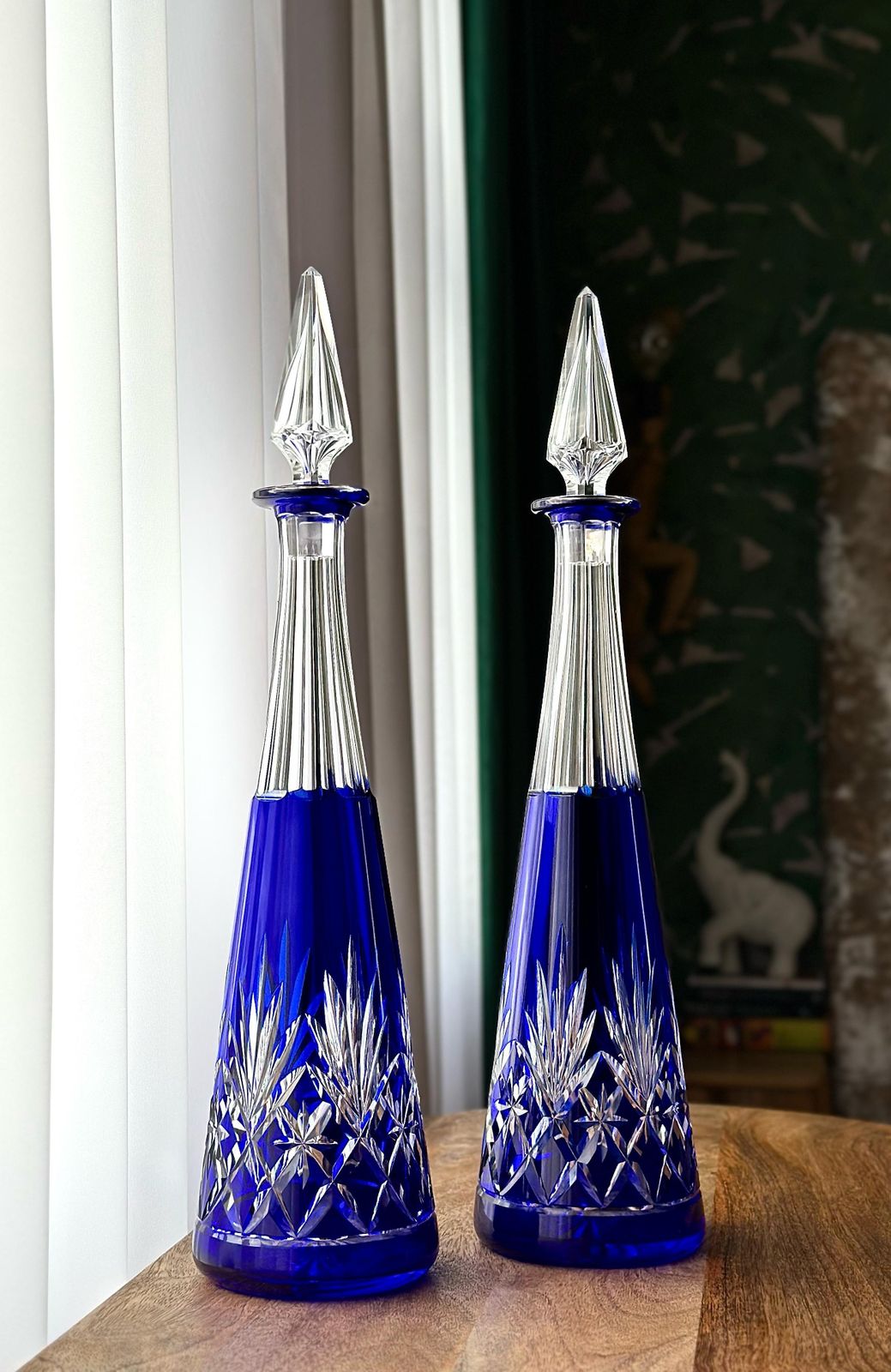 Pair Of St Louis Massenet Cut Crystal Decanters, Blue Overlay Glass, Vintage French Barware, 41 Cm Tall, Elegant Liquor Bottles (Not Signed)
