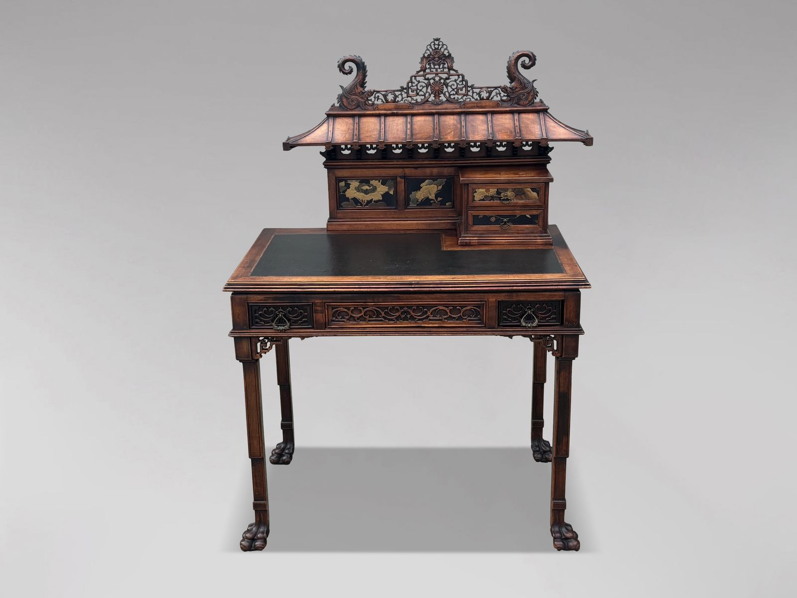 19th Century Chinese Chippendale Carved Pagoda Top Writing Table photo buy