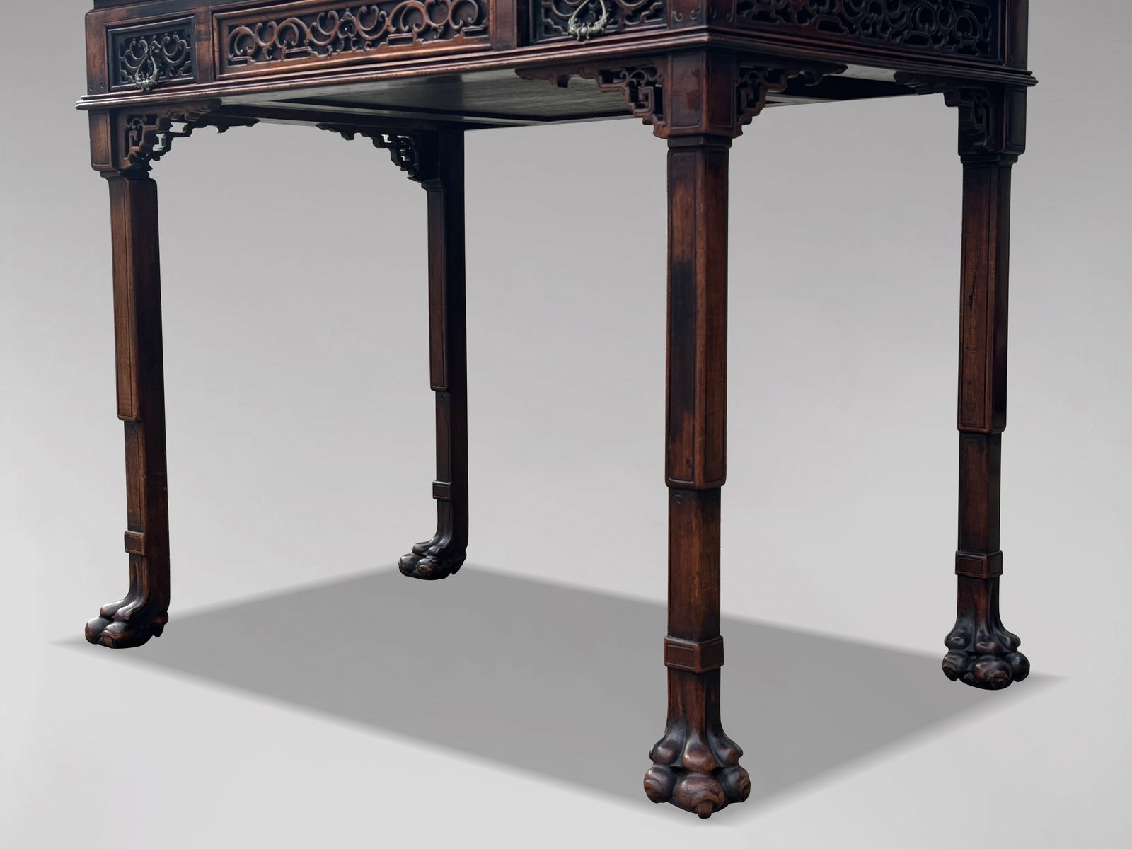 19th Century Chinese Chippendale Carved Pagoda Top Writing Table photo vintage