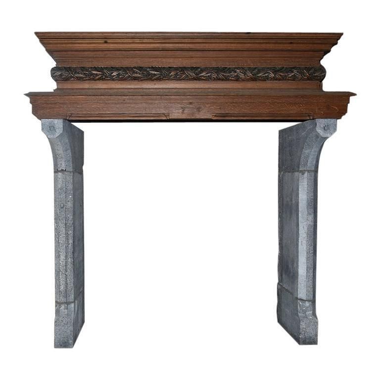 Antique Bluestone Fireplace Mantel With Wooden Mantel From The 19th Century