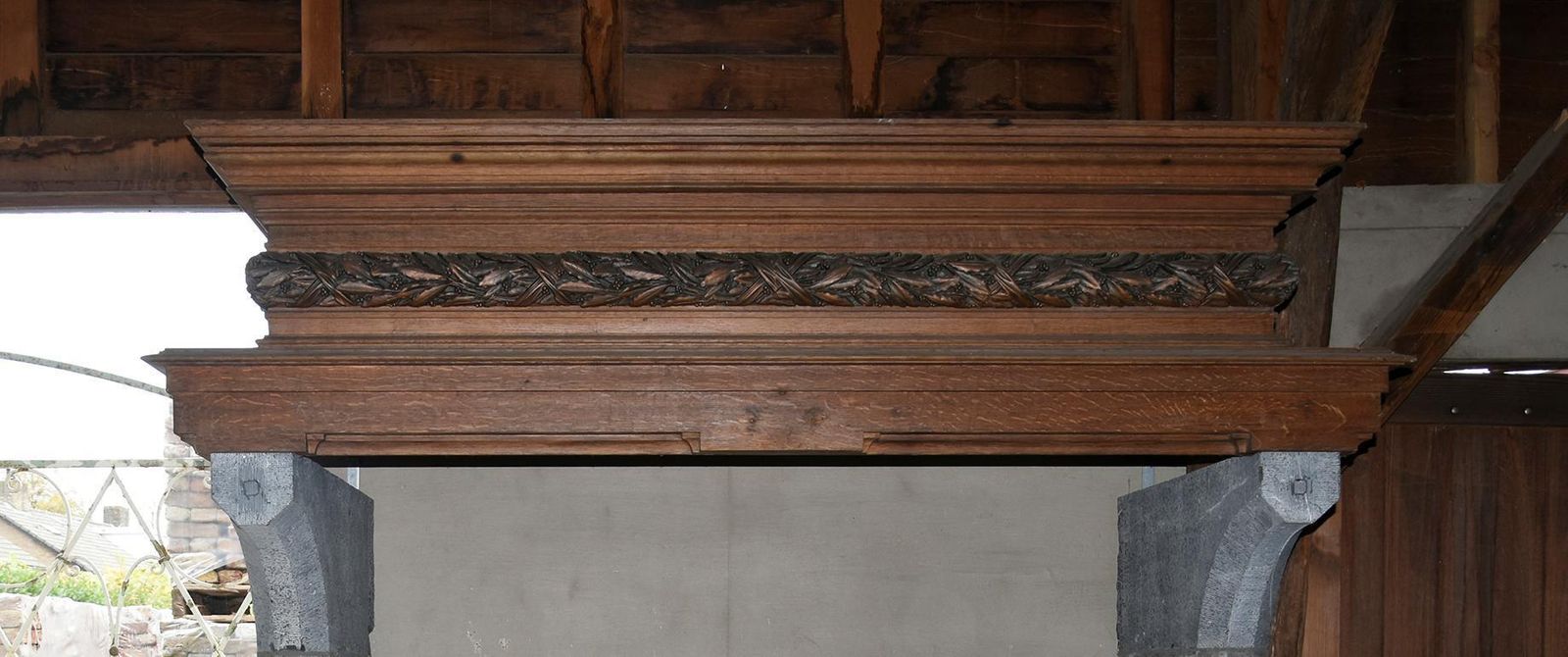 Antique Bluestone Fireplace Mantel With Wooden Mantel From The 19th Century photo Home Fixtures