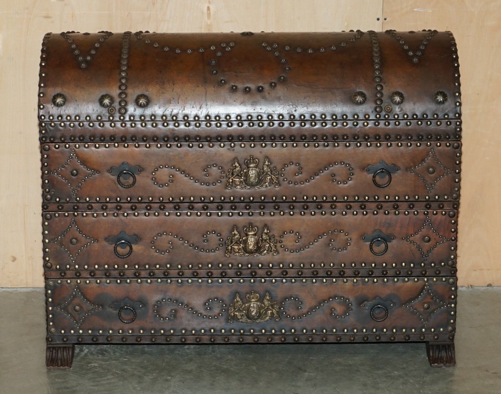 Antique Spanish Leather Domed Top Armorial Crest Coat Of Arms Chest Of Drawers photo for sale