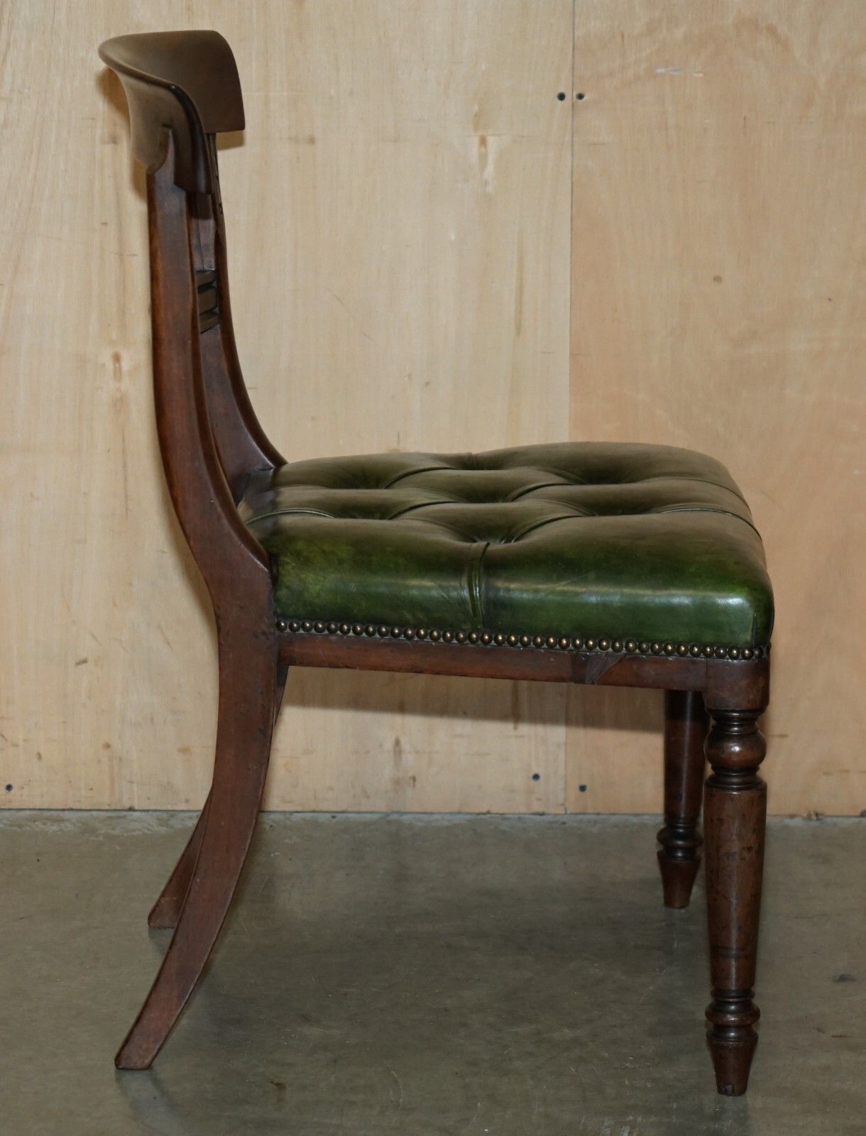 photo for sale Four Fine Antique Victorian Green Leather Mahogany Chesterfield Dining Chairs 4
