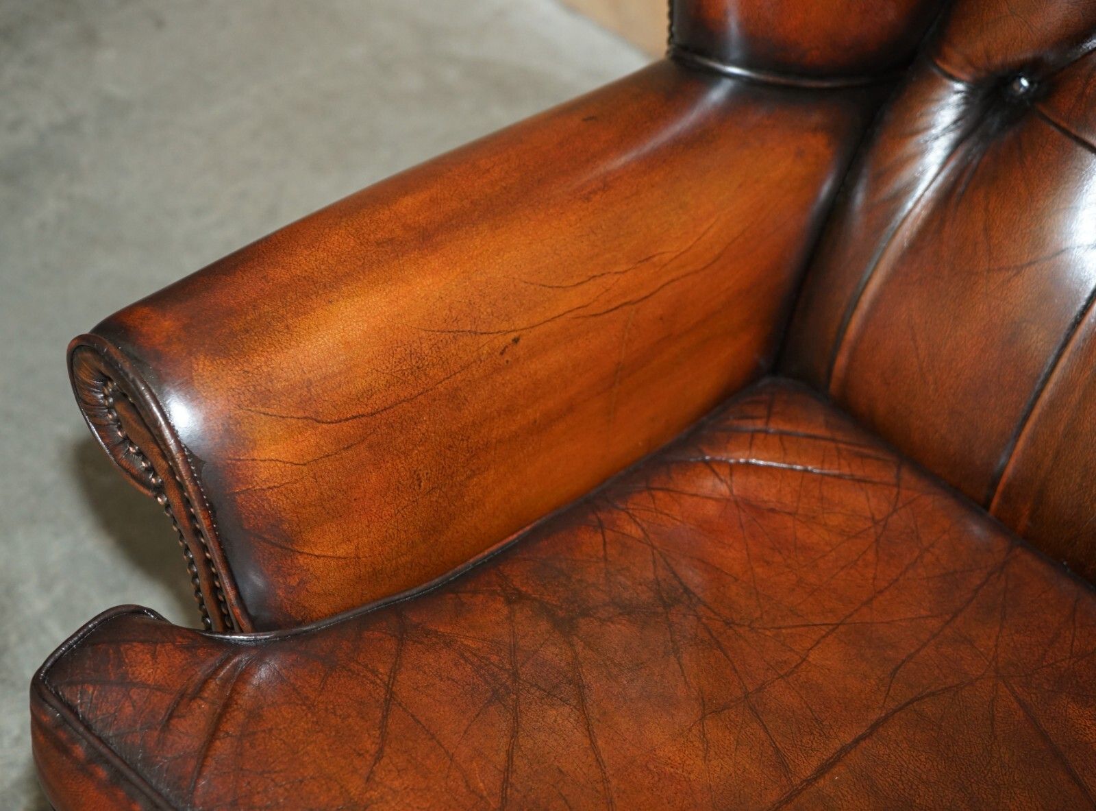Pair Of Claw & Ball Feet Chesterfield Tufted Brown Leather Wingback Armchairs photo vintage