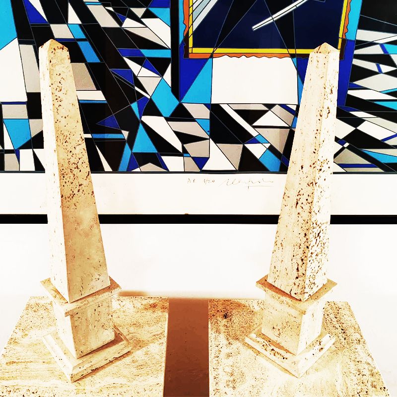 1960s Stunning Pair Of Large Obelisks In Hand Carved Italian Travertine. Made In Italy   50 Cm H   19.68 H Inches. photo Home Decor