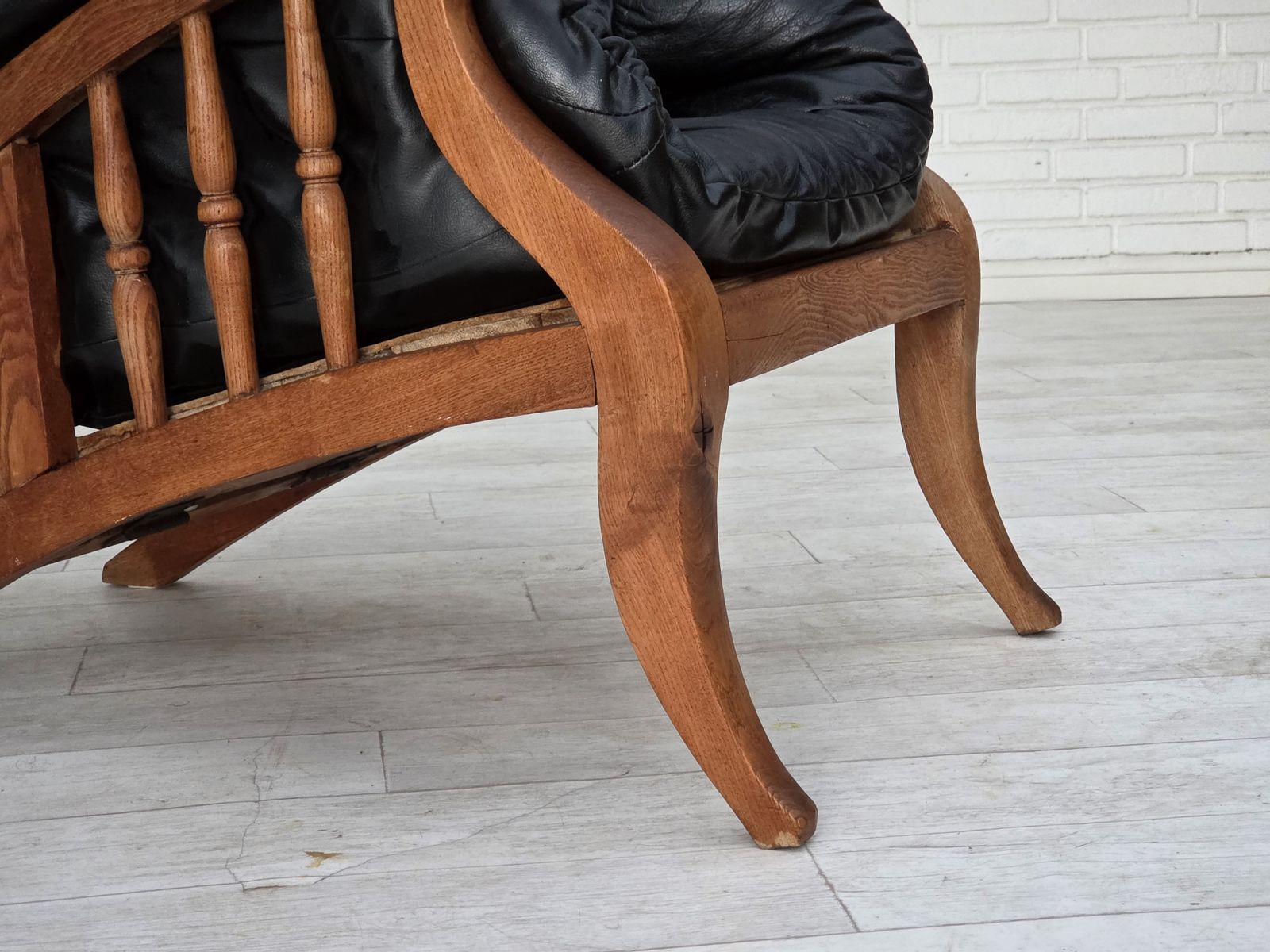 1950s, Vintage Adjustable Armchair, Black Leather, Ash Wood. photo for sale