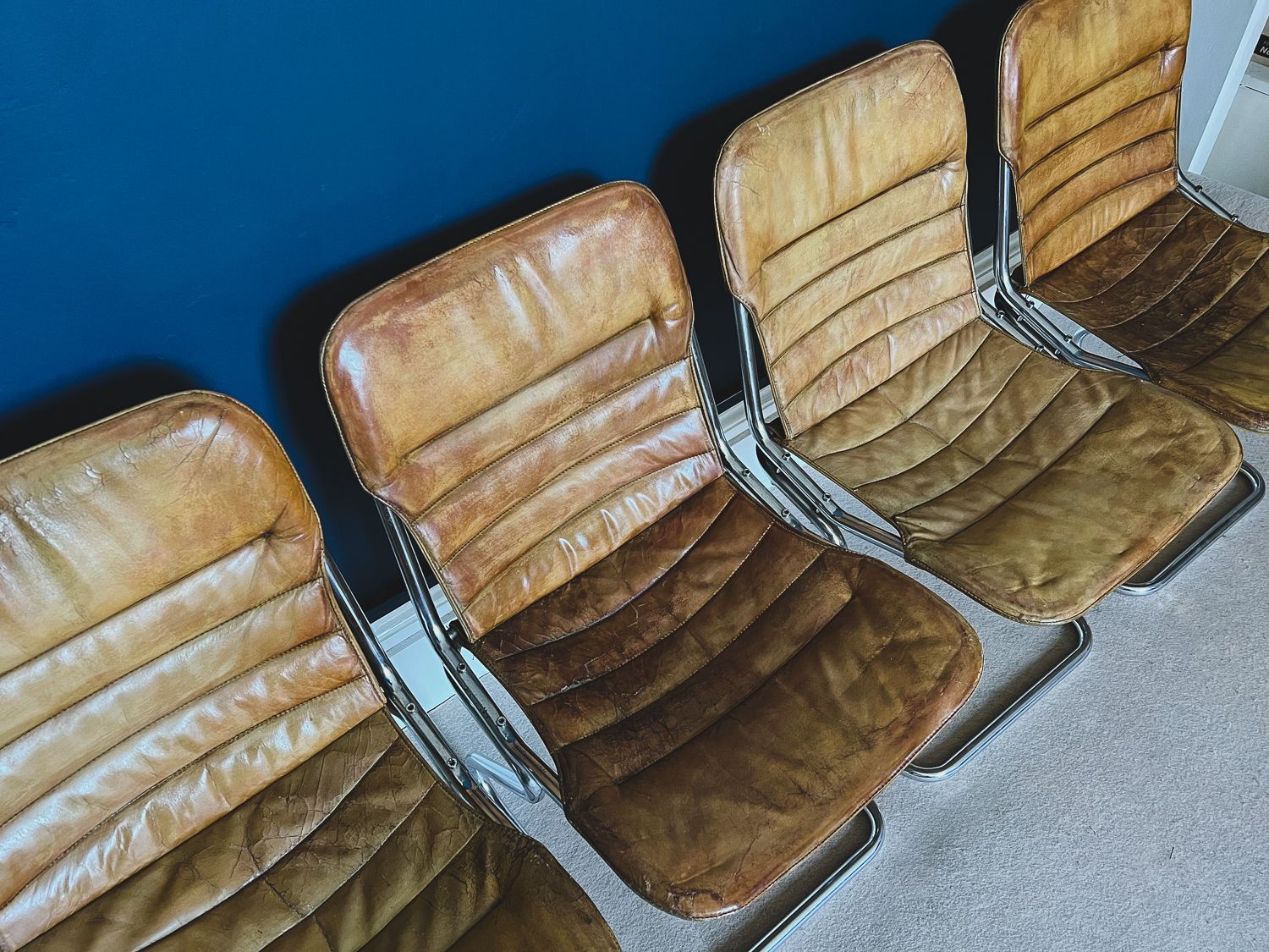 Set Of Four Italian Tan Leather And Chrome Chairs photo for sale