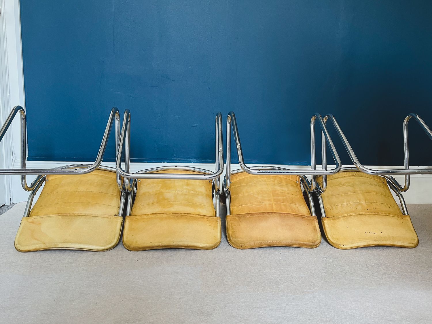 Set Of Four Italian Tan Leather And Chrome Chairs photo vinterior
