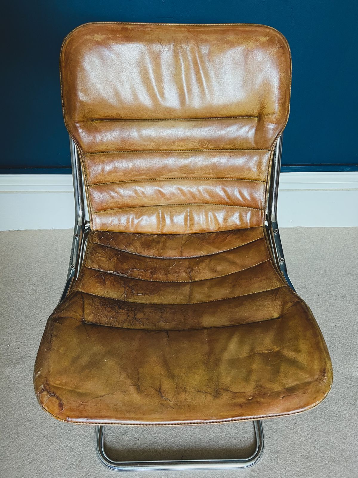 Set Of Four Italian Tan Leather And Chrome Chairs photo buy