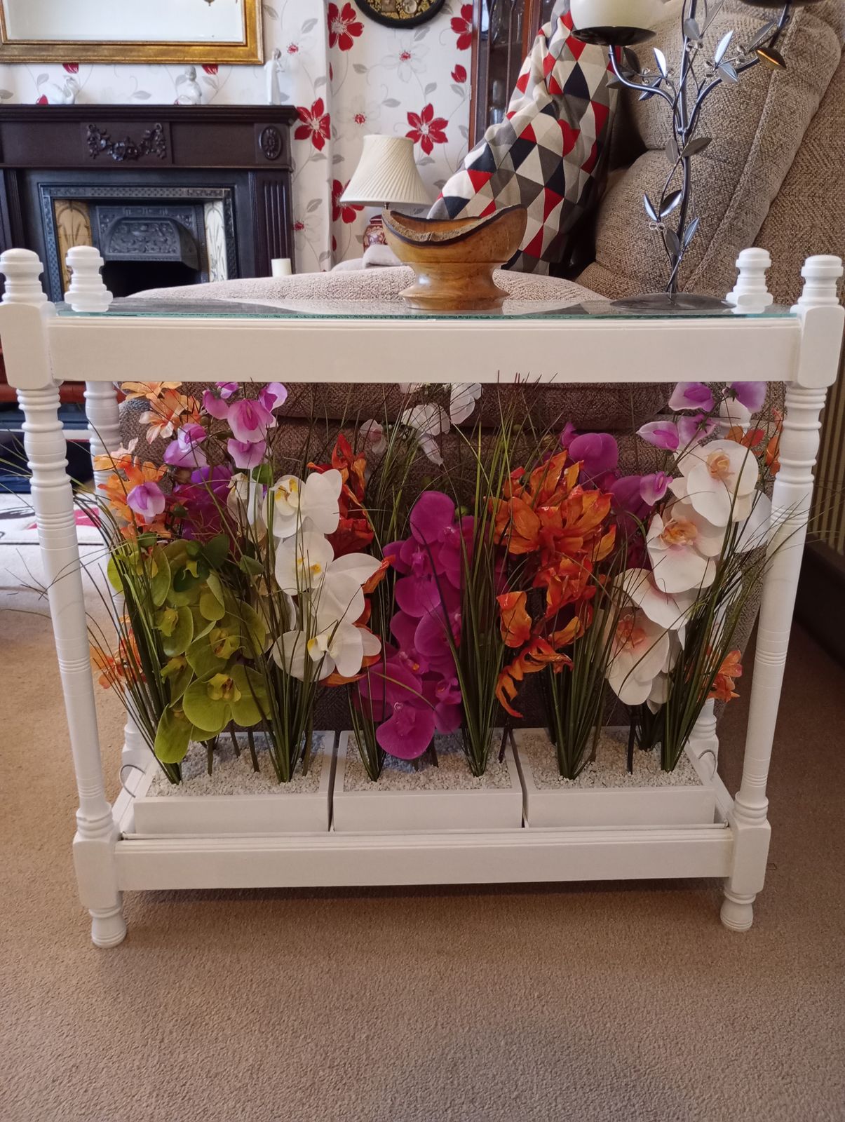 Upcycled Glazed Table Faux Flower Display In Satin White Paint Finish.