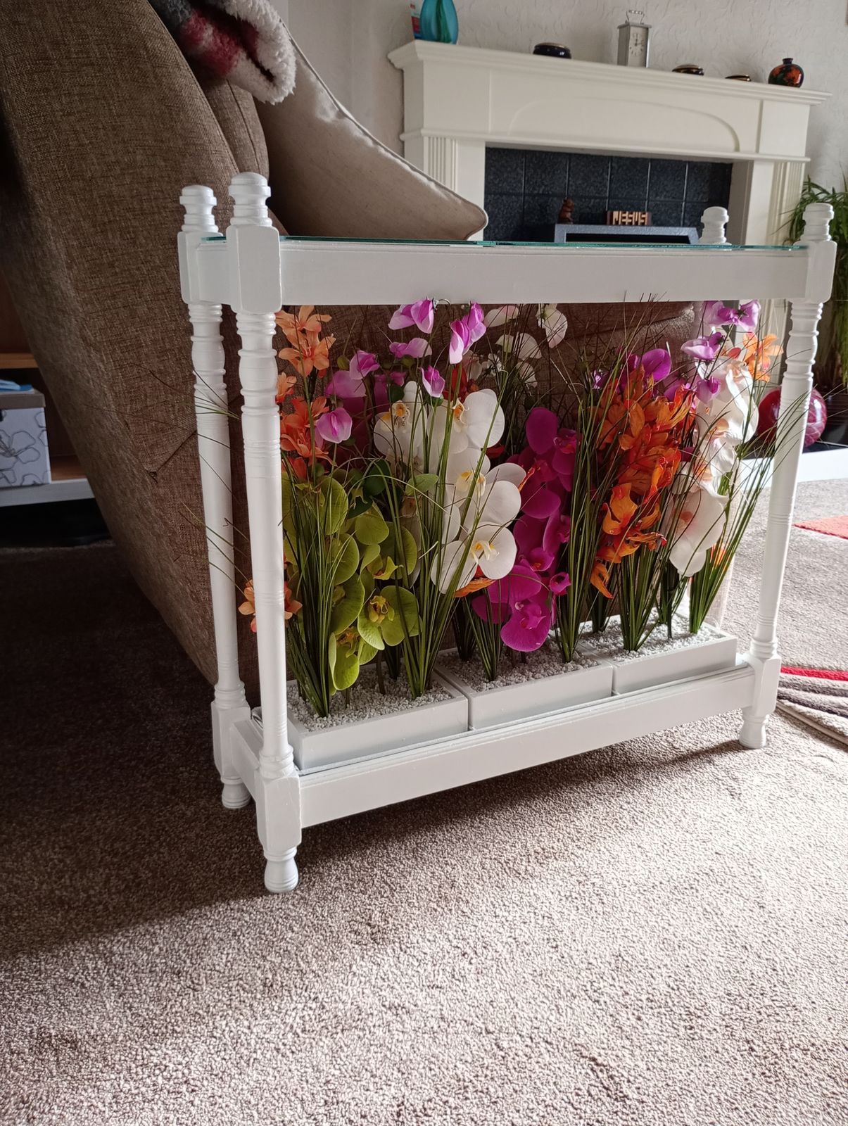 Upcycled Glazed Table Faux Flower Display In Satin White Paint Finish. photo furniture