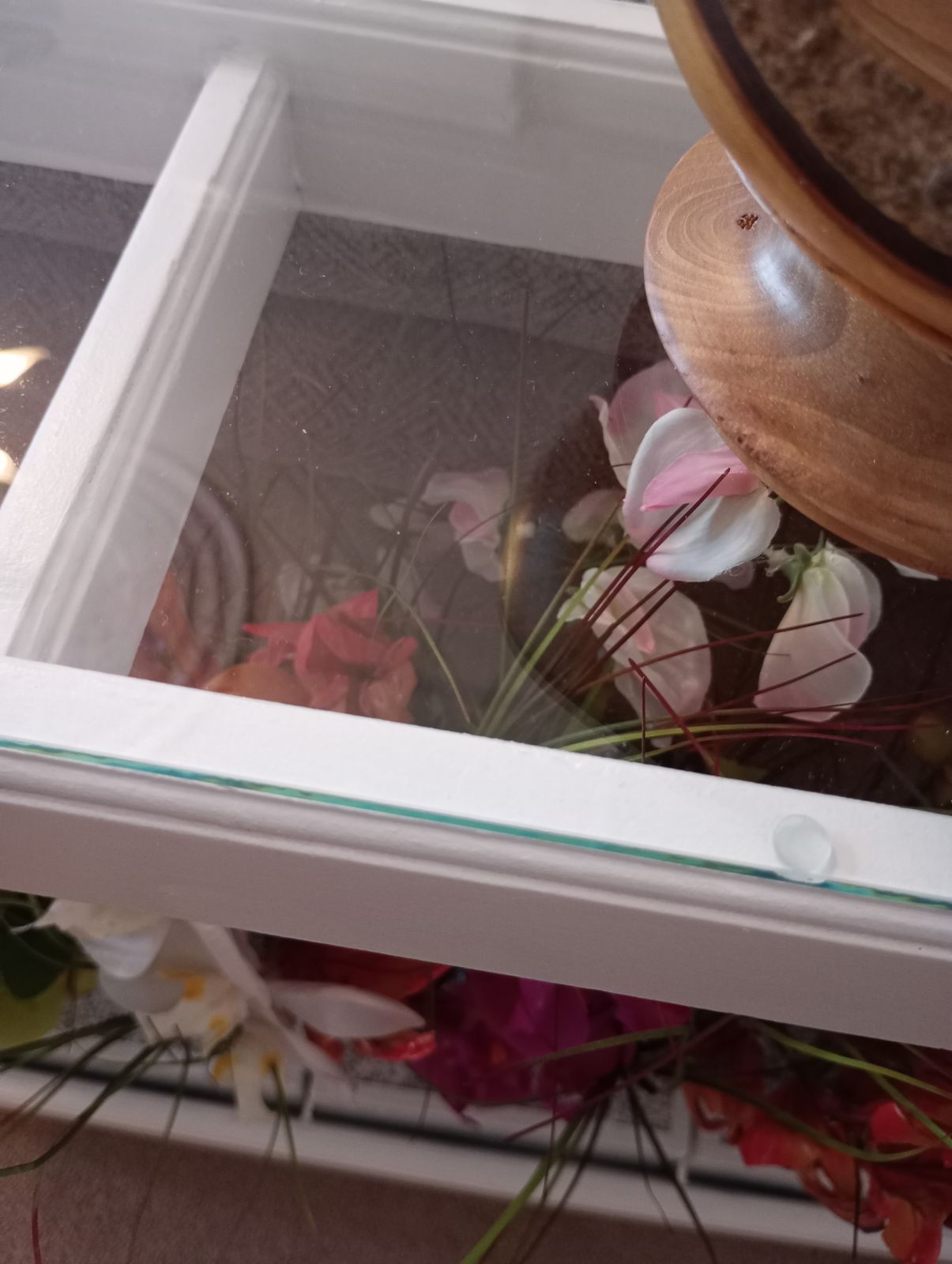 Upcycled Glazed Table Faux Flower Display In Satin White Paint Finish. photo vintage