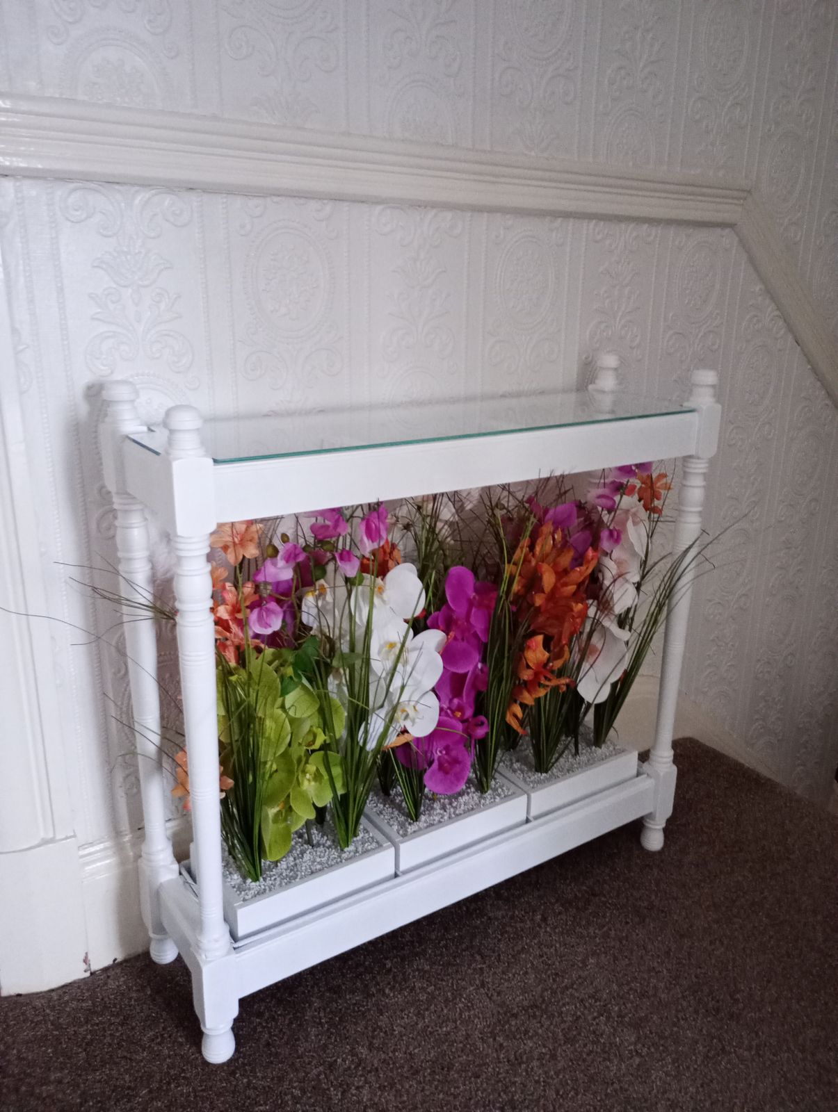 photo buy Upcycled Glazed Table Faux Flower Display In Satin White Paint Finish.