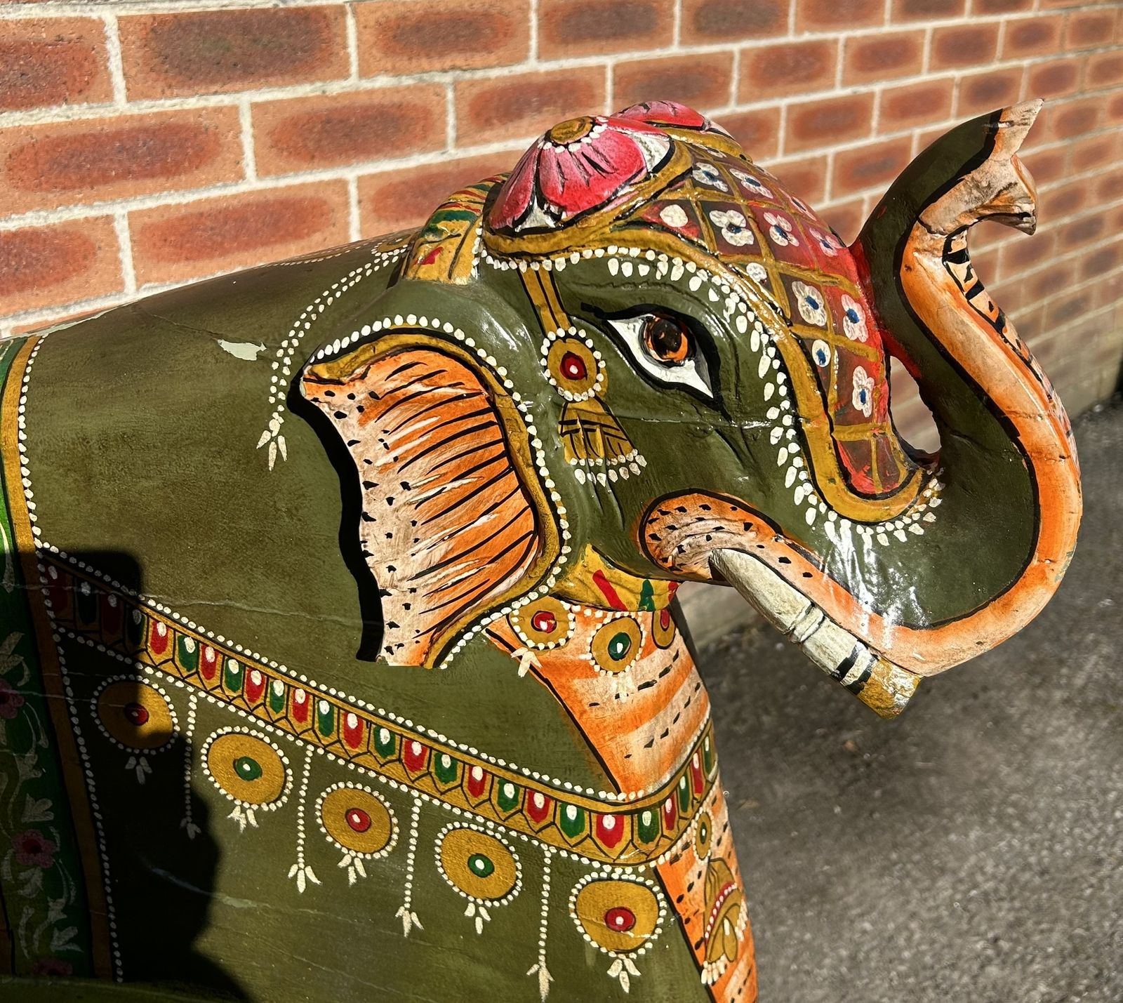 Carnival Vintage Unique Indian Hand Painted Folk Art Large Elephant Bench Seat photo for sale