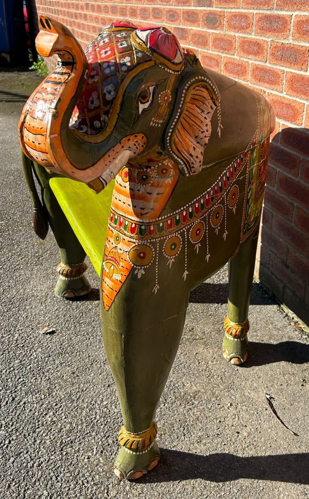 Furniture Carnival Vintage Unique Indian Hand Painted Folk Art Large Elephant Bench Seat photo