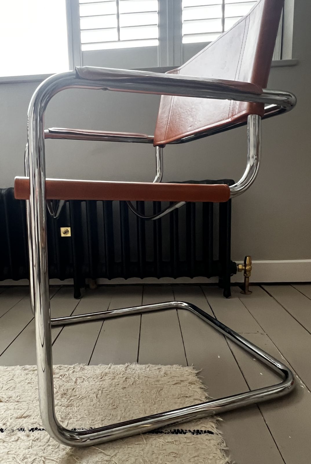 Bauhaus Style Tan Leather, Chrome Cantilever Office Chair photo furniture