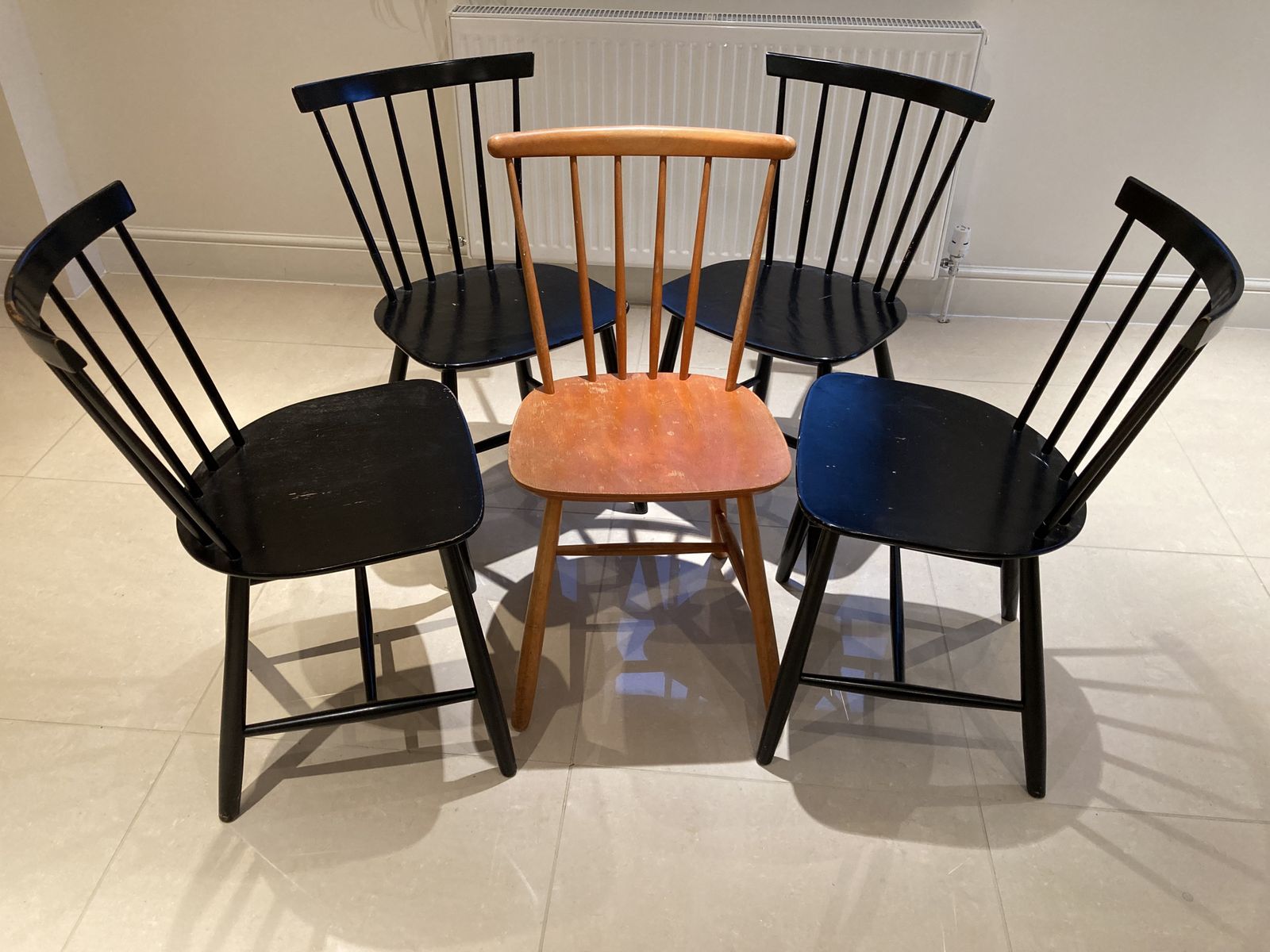 Vintage Mid Century Style Set Of 5 Dining Chairs 4 Black 1 Orange photo 375.0