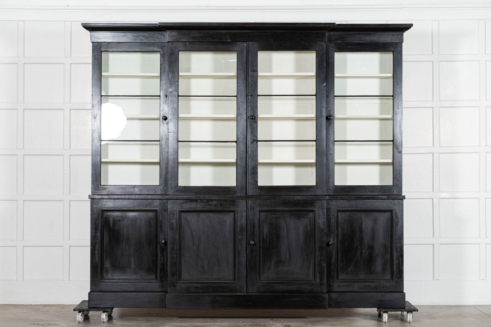 Monumental 19thc English Ebonised Mahogany Glazed Breakfront Bookcase