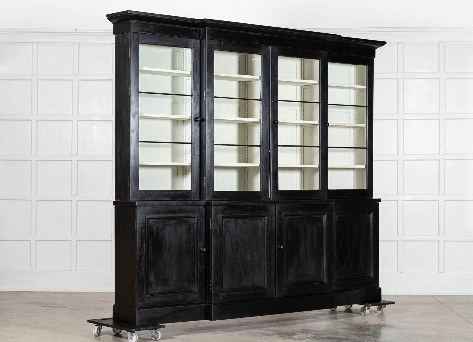Monumental 19thc English Ebonised Mahogany Glazed Breakfront Bookcase photo for sale