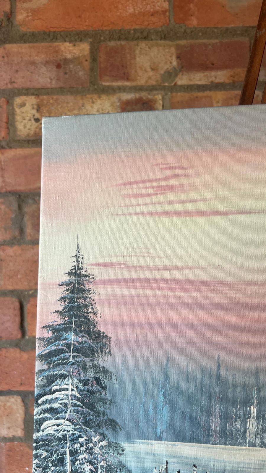 Signed Oil Painting – Serene Winter Landscape With Snow Covered Trees And Cabin photo for sale