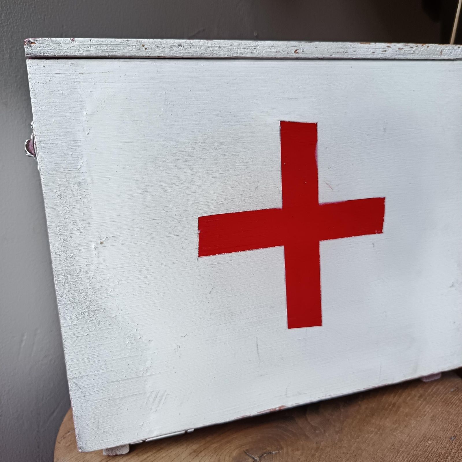 photo for sale Vintage First Aid Cabinet, Handmade Small Wooden Box With Shelves. Unique Piece. Door Opens Down And Outwards.