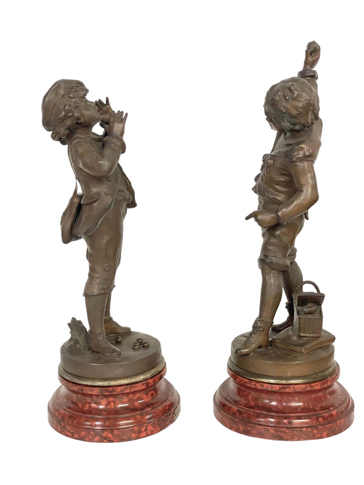 photo for sale Louis Auguste Moreau Set Of Two Boys Spelter Sculptures 19th Century