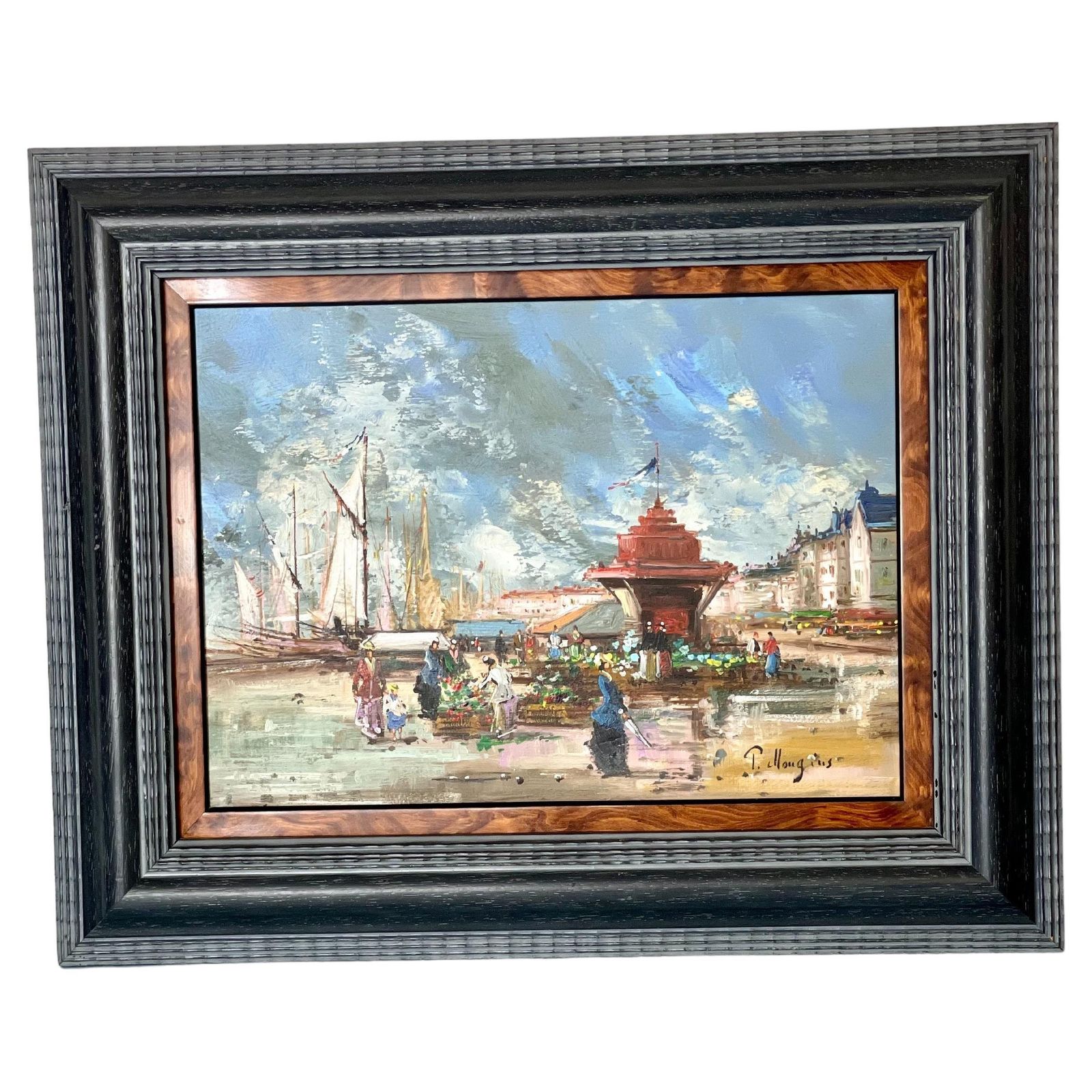 French Oil On Panel 'The Flower Market' By Pierre Mougins