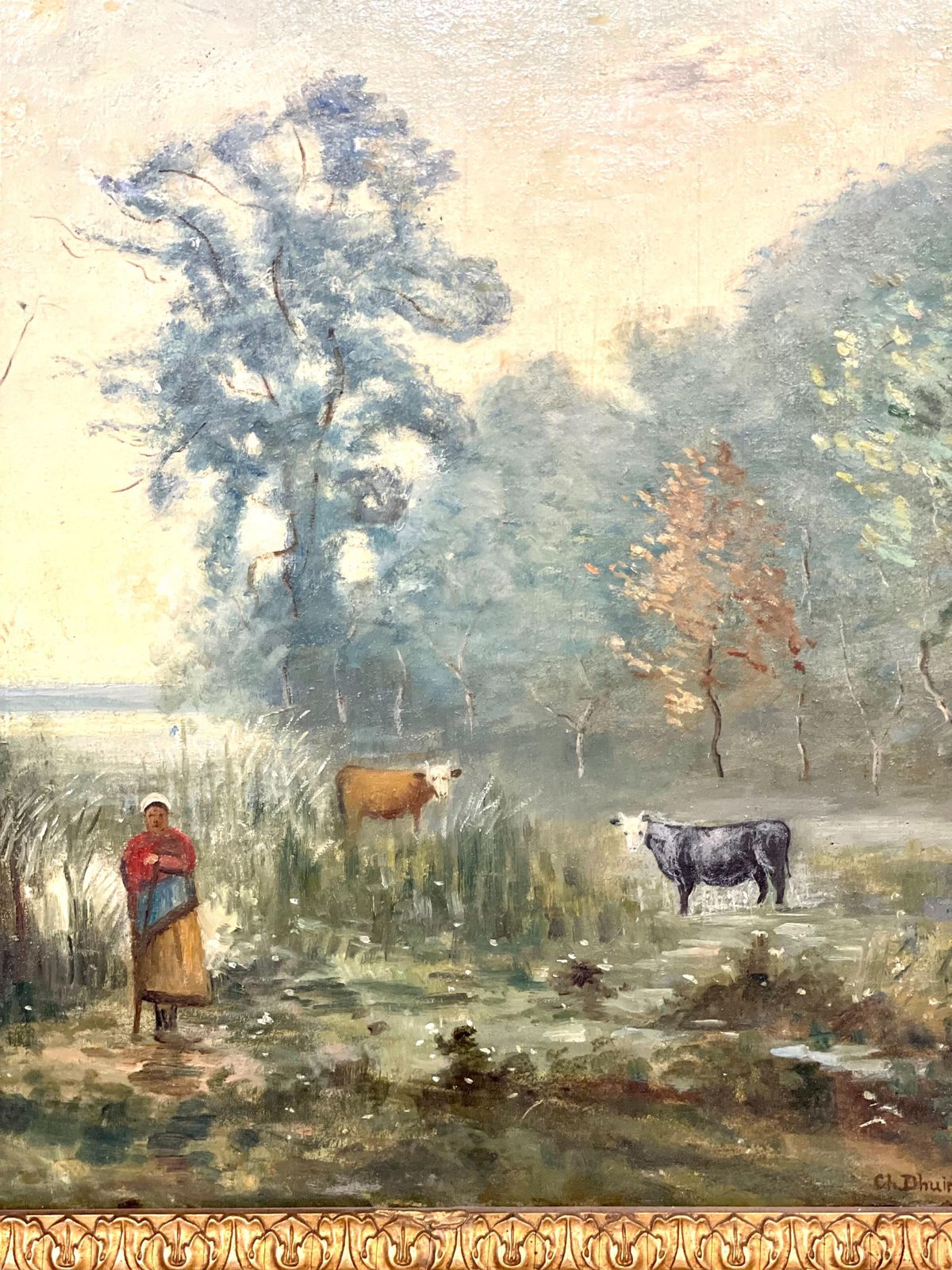 Large Oil On Panel 'The Cowherder By The Pond', By Charles Dhuin photo furniture