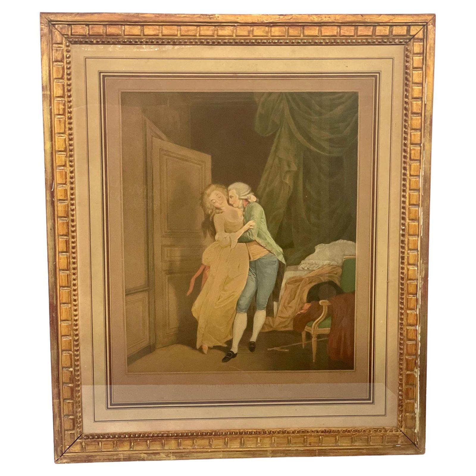 French Antique Lithograph In Gilt Frame 'La Douce Résistance'