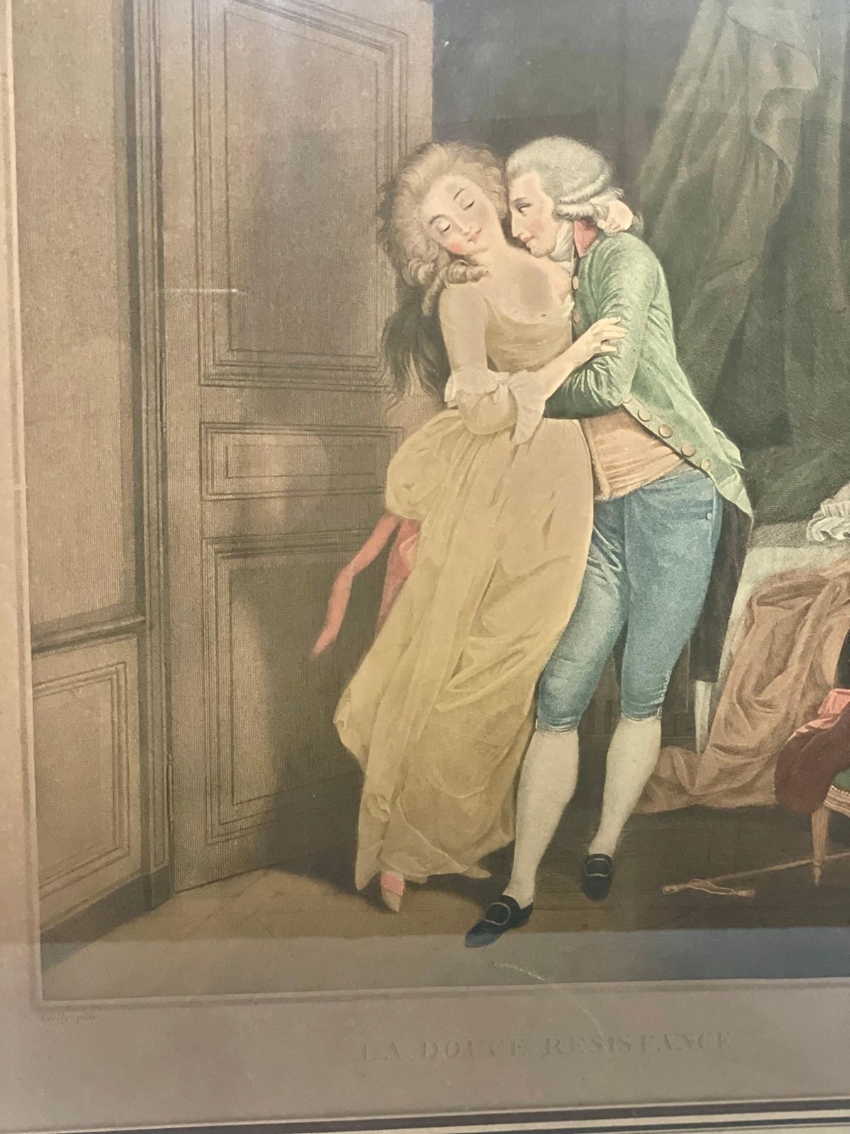 French Antique Lithograph In Gilt Frame 'La Douce Résistance' photo for sale