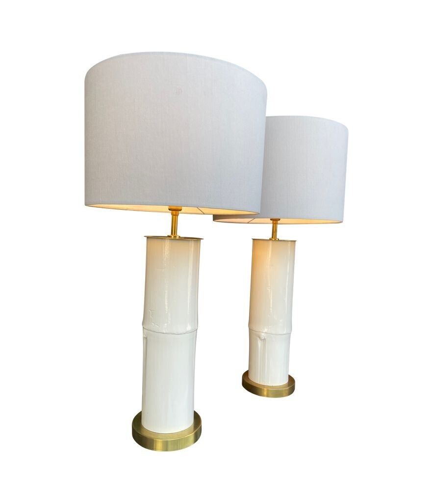A Pair Of Ivory Lacquered Real Bamboo And Brass Lamps With Bespoke Linen Shades photo Lighting