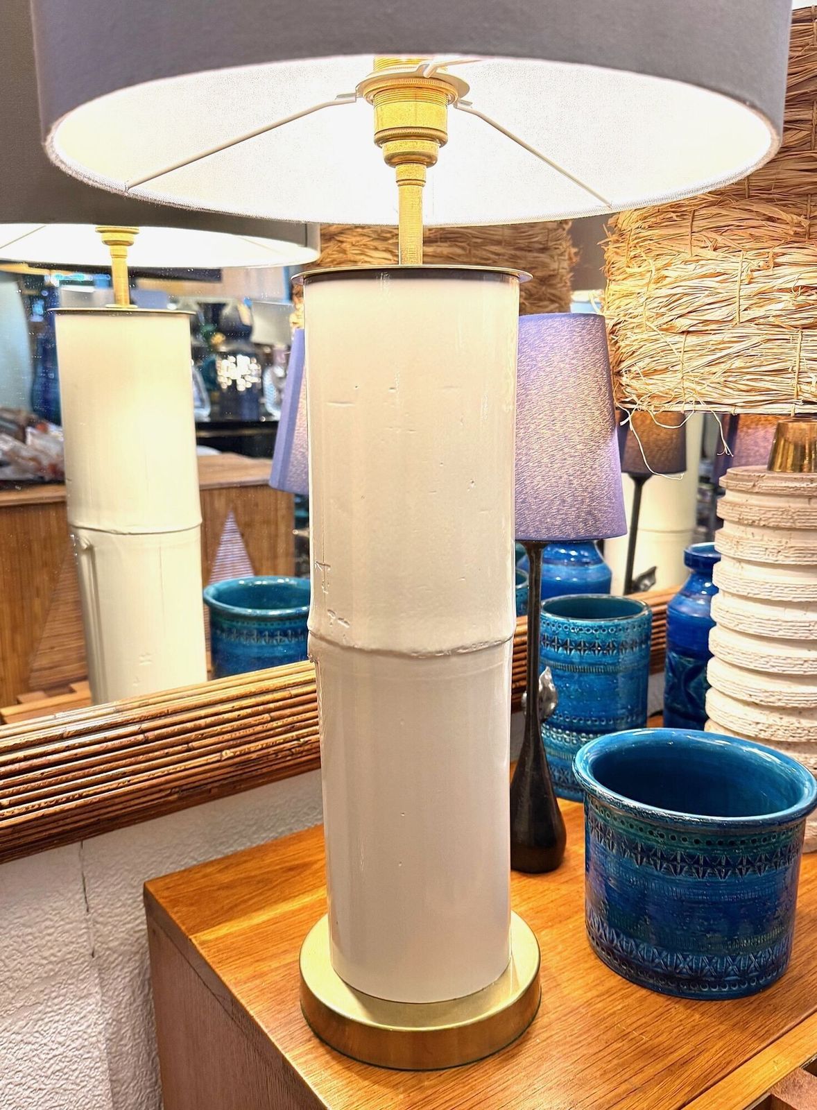A Pair Of Ivory Lacquered Real Bamboo And Brass Lamps With Bespoke Linen Shades photo vintage