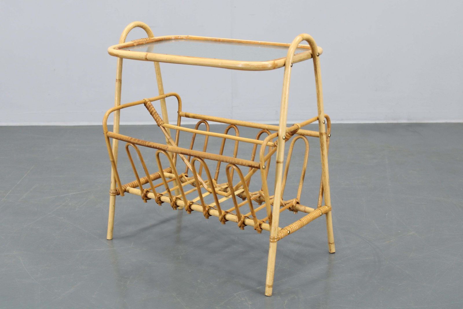 Home Decor 1970s Rattan Newspaper And Magazine Stand With Glass Top, Italy photo