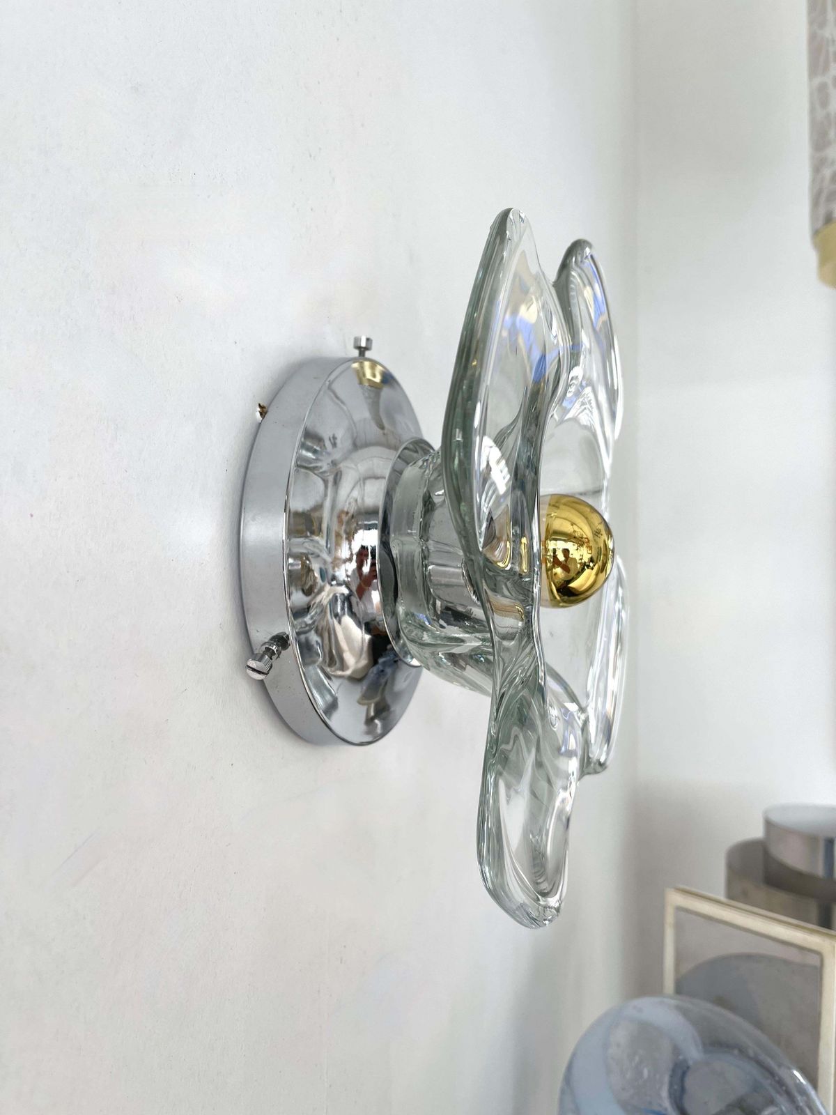 Pair Of Glass And Metal Flower Sconces, Italy, 1970s photo buy