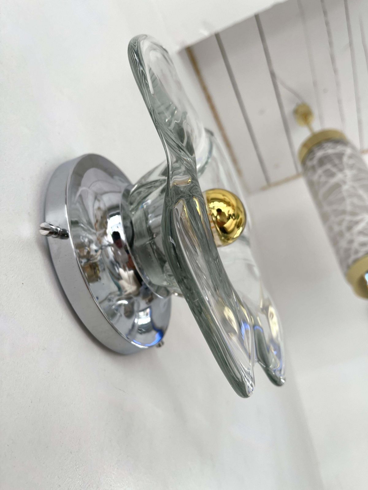 photo for sale Pair Of Glass And Metal Flower Sconces, Italy, 1970s