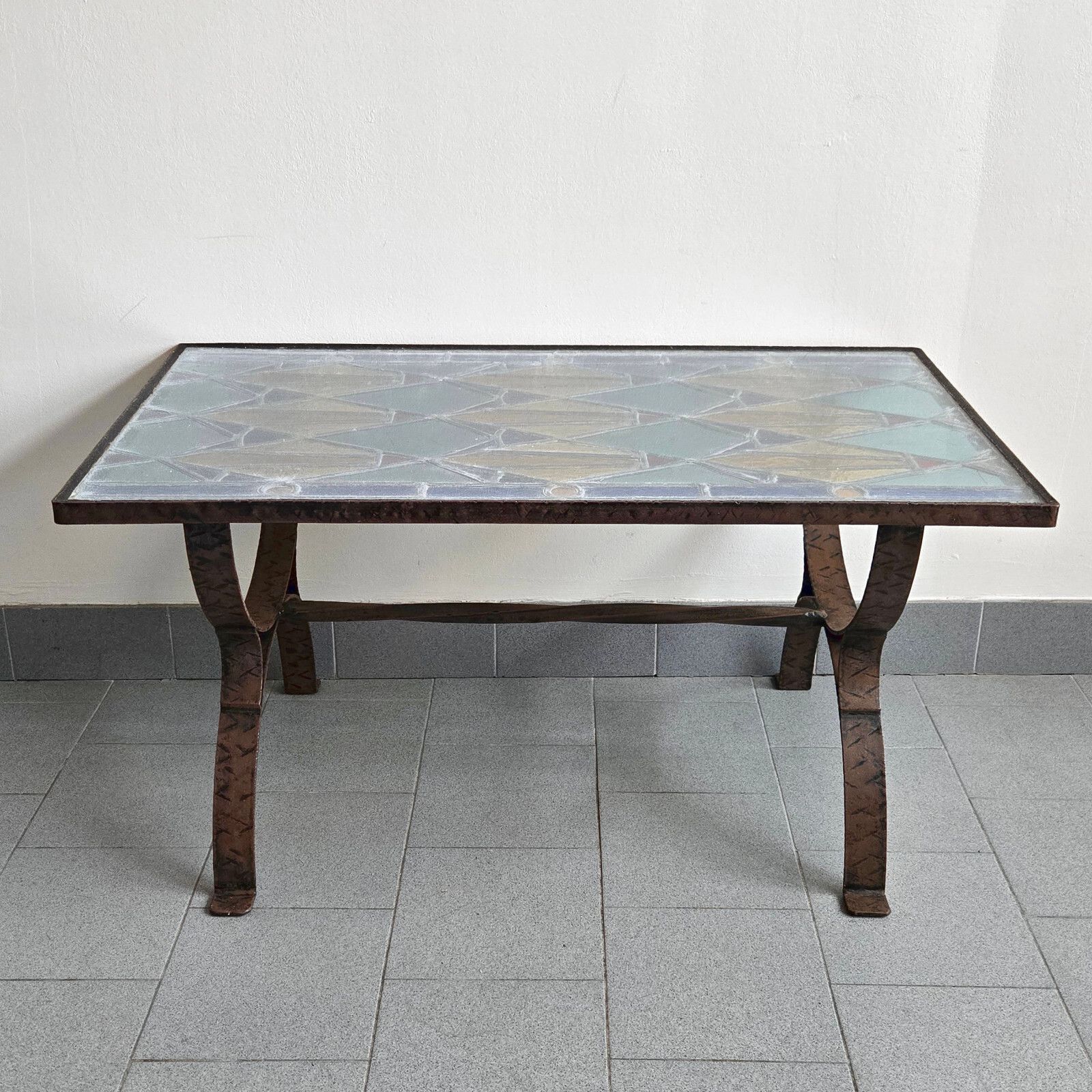 Vintage 1960s Brutalist Metal, Glass & Stained Glass Coffee Table 60s photo furniture