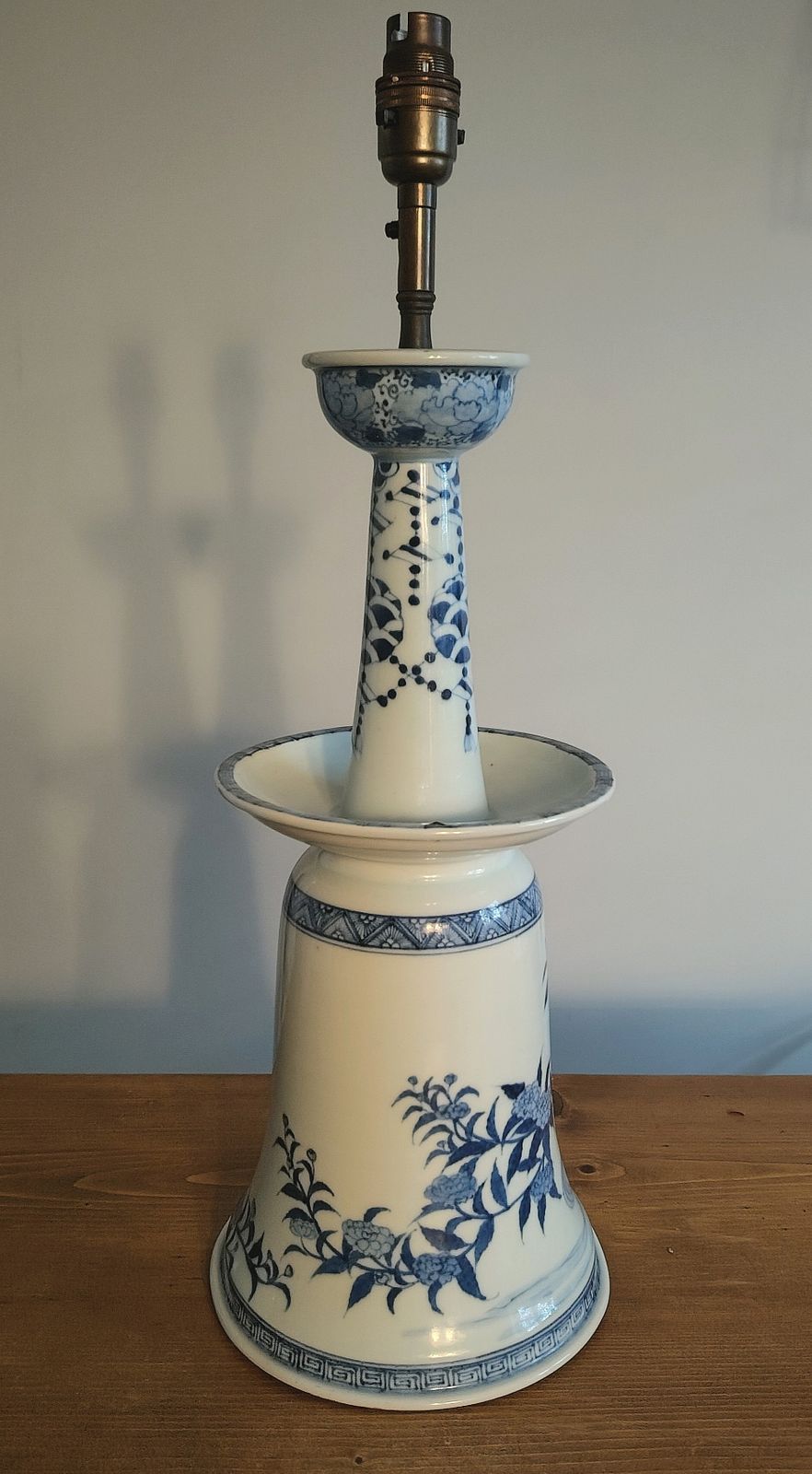 Chinese Blue And White Porcelain Alter Candleholder Mounted As A Lamp photo vintage