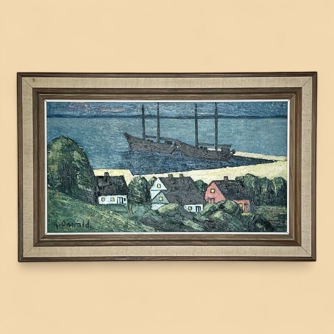 Coastal Landscape With Two Ships, Oil On Canvas Painting