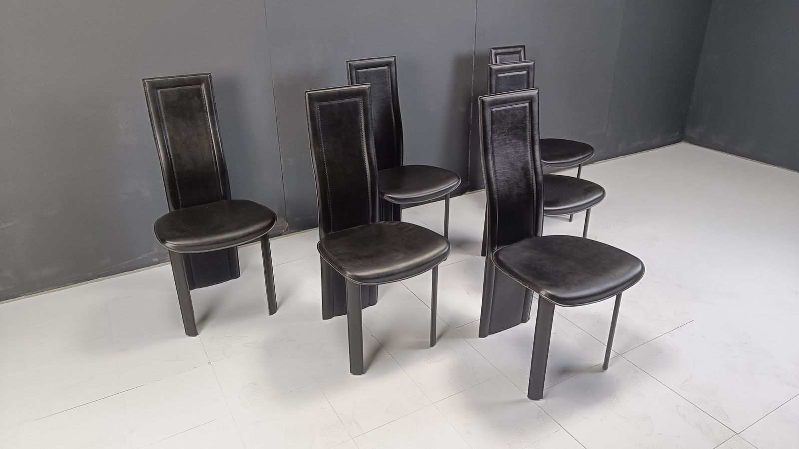 Vintage Black Leather High Back Dining Chairs, Set Of 6, 1980s photo for sale