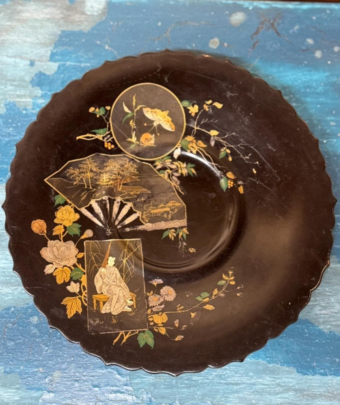 Antique 19th.C Papier Mâché Lacquered Chinese Tray Plate Bowl / Chinoiserie C