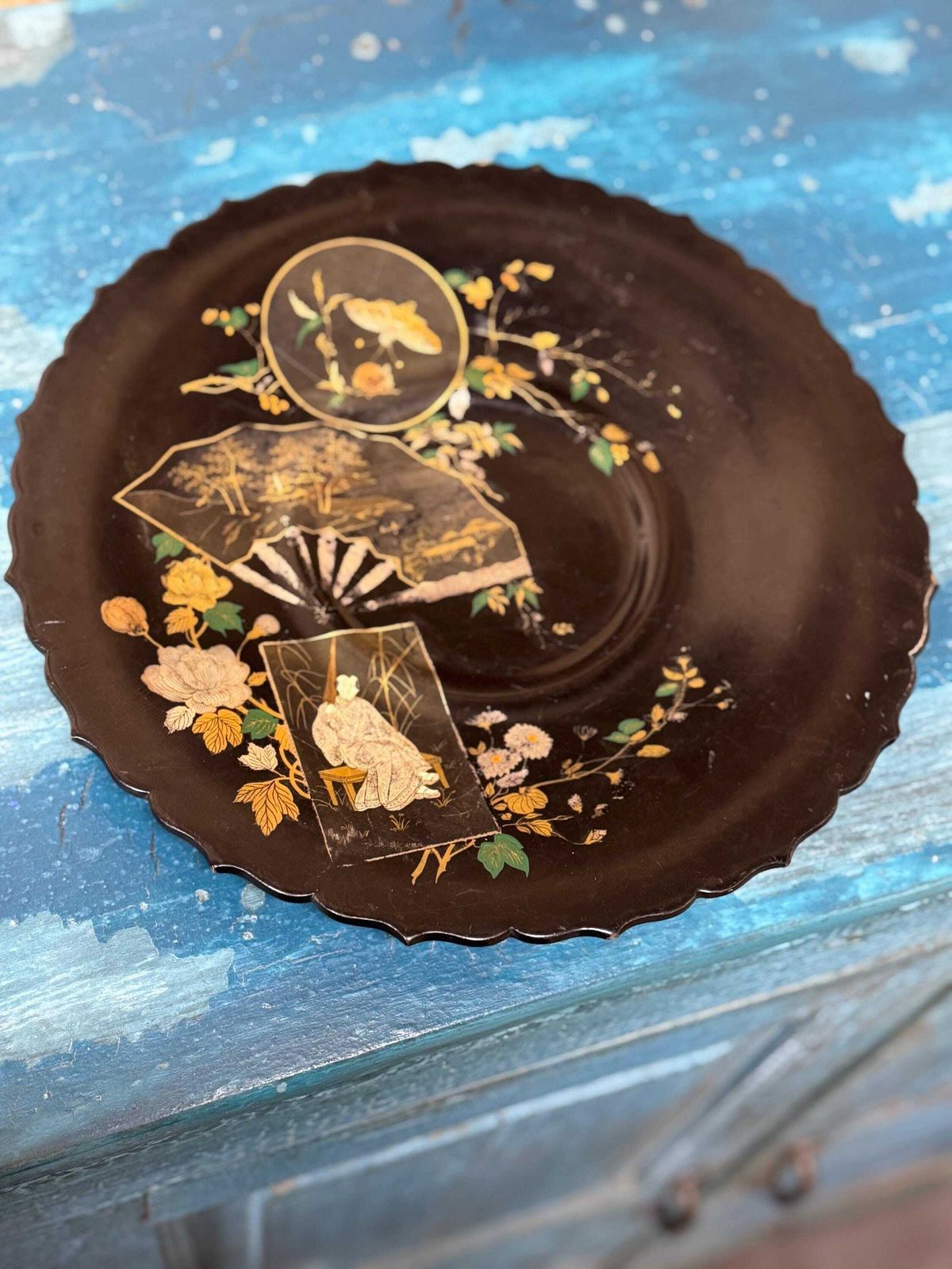 Antique 19th.C Papier Mâché Lacquered Chinese Tray Plate Bowl / Chinoiserie C photo furniture