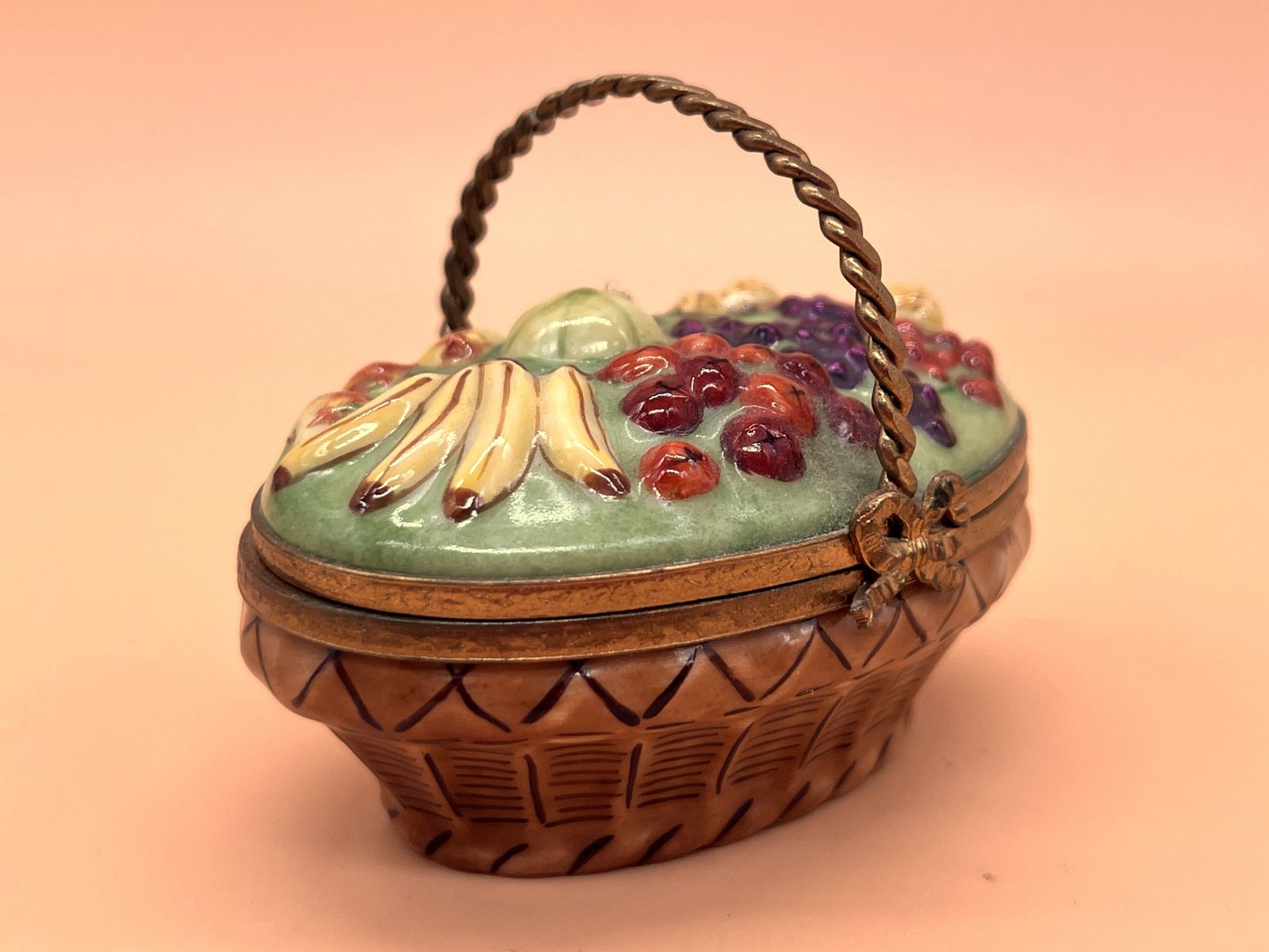 Limoges Peint Main Porcelain France Fruit Basket Design Hand Painted Item For Trinkets Or Jewelry.