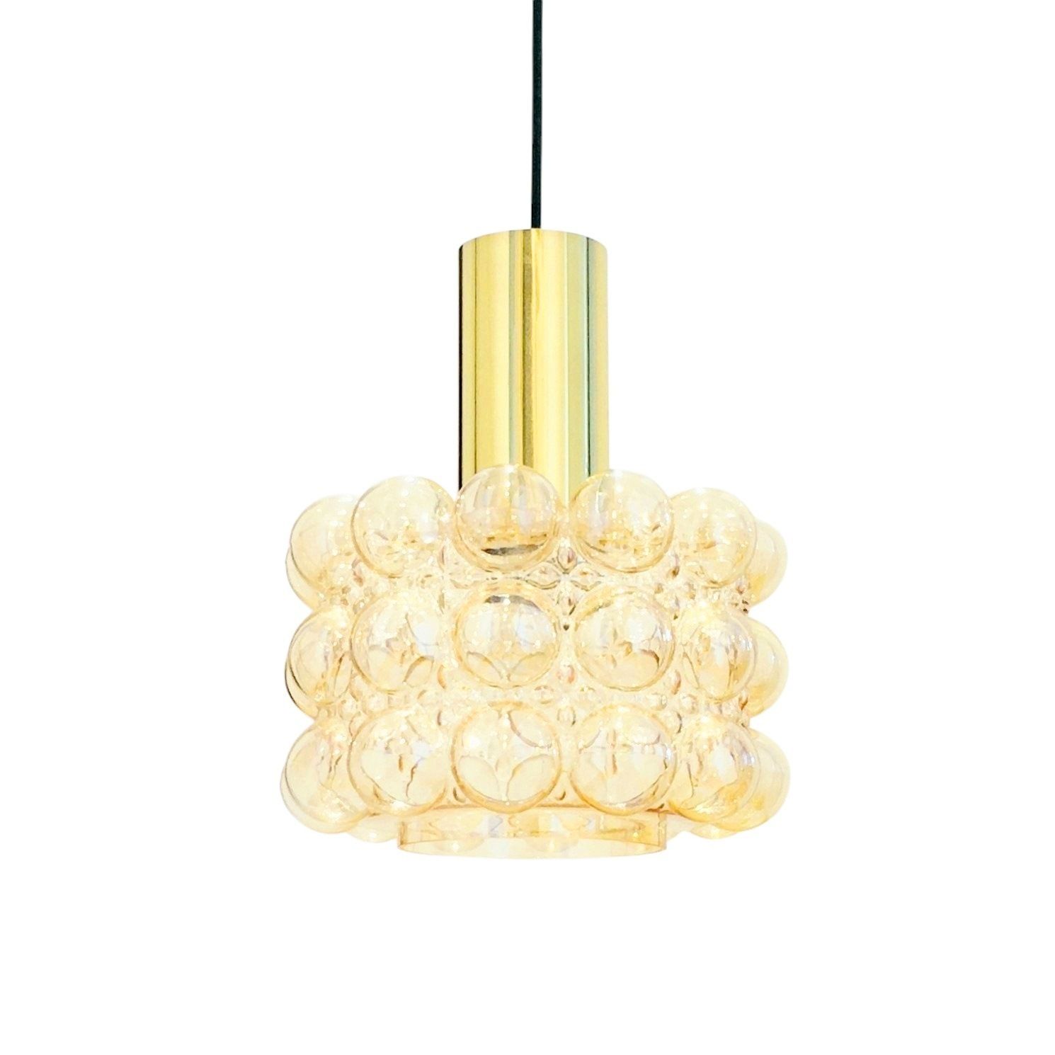Mid Century Space Age Amber Bubble Glass & Brass Plafondlamp Van Helena Tynell Voor Limburg, Duitsland, Jaren 1960
