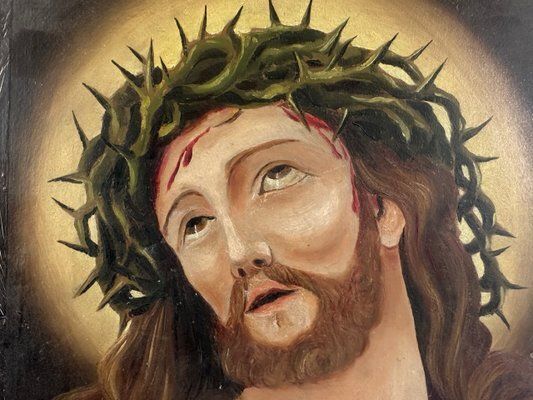 The Face Of Christ Jesus With Crown Of Thorns, Oil On Cardboard, 19th Century photo furniture
