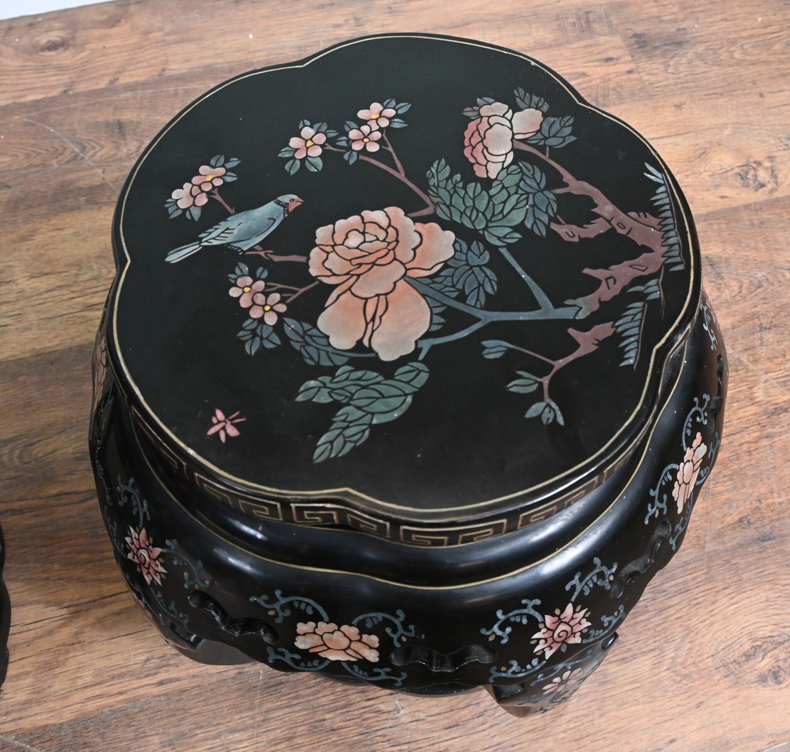 Pair Chinese Plant Stands Lacquered Painted Pedestal Table 1920 photo for sale
