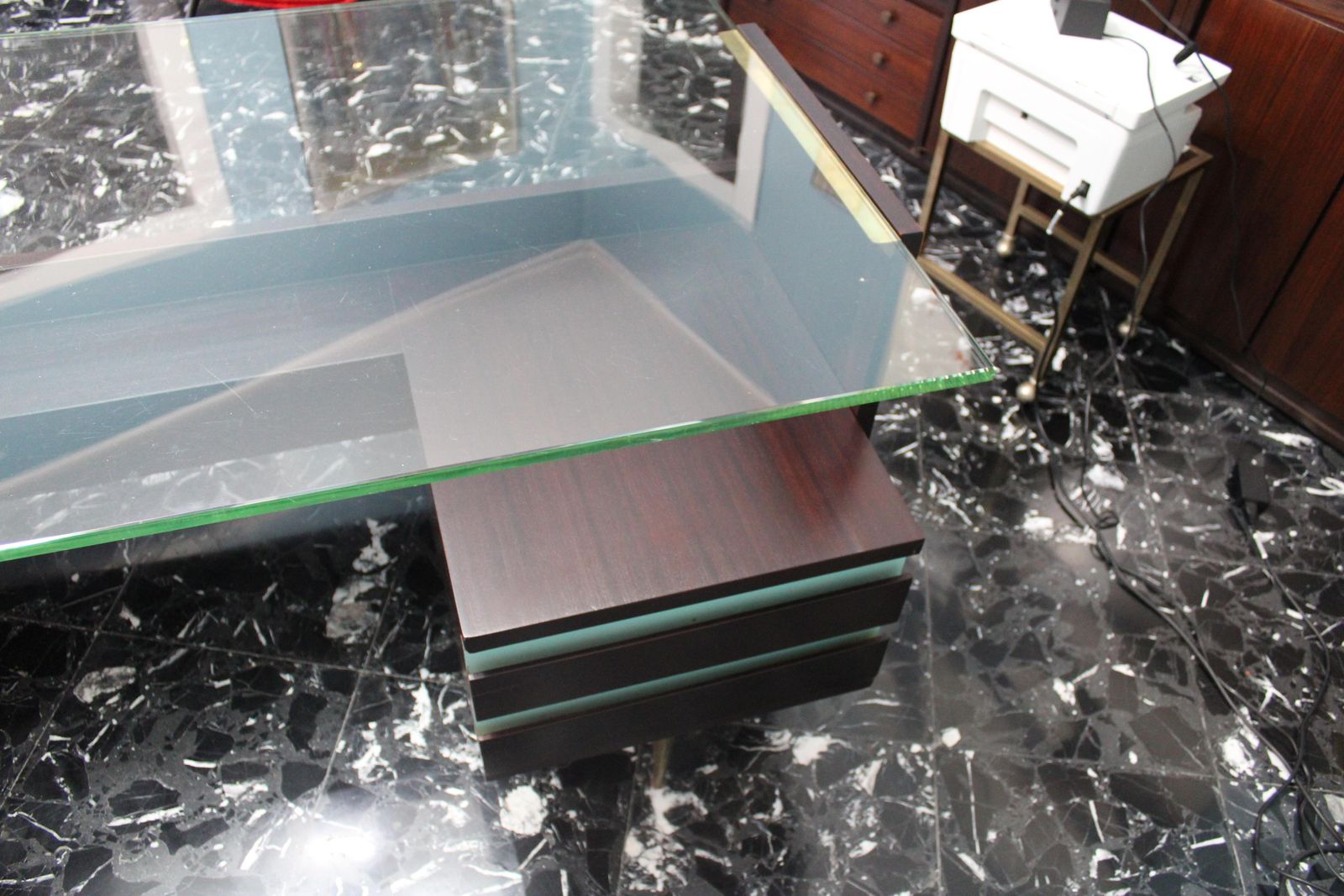 photo furniture Mid Century Desk Wood Brass And Laminate Crystal Top Gio Ponti Style