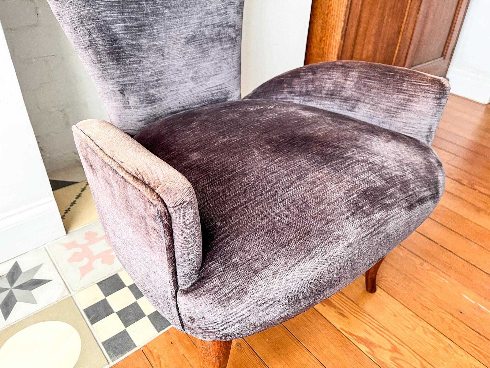 Italian Mid Century Accent Armchair Upholstered In Lilac Velvet photo for sale