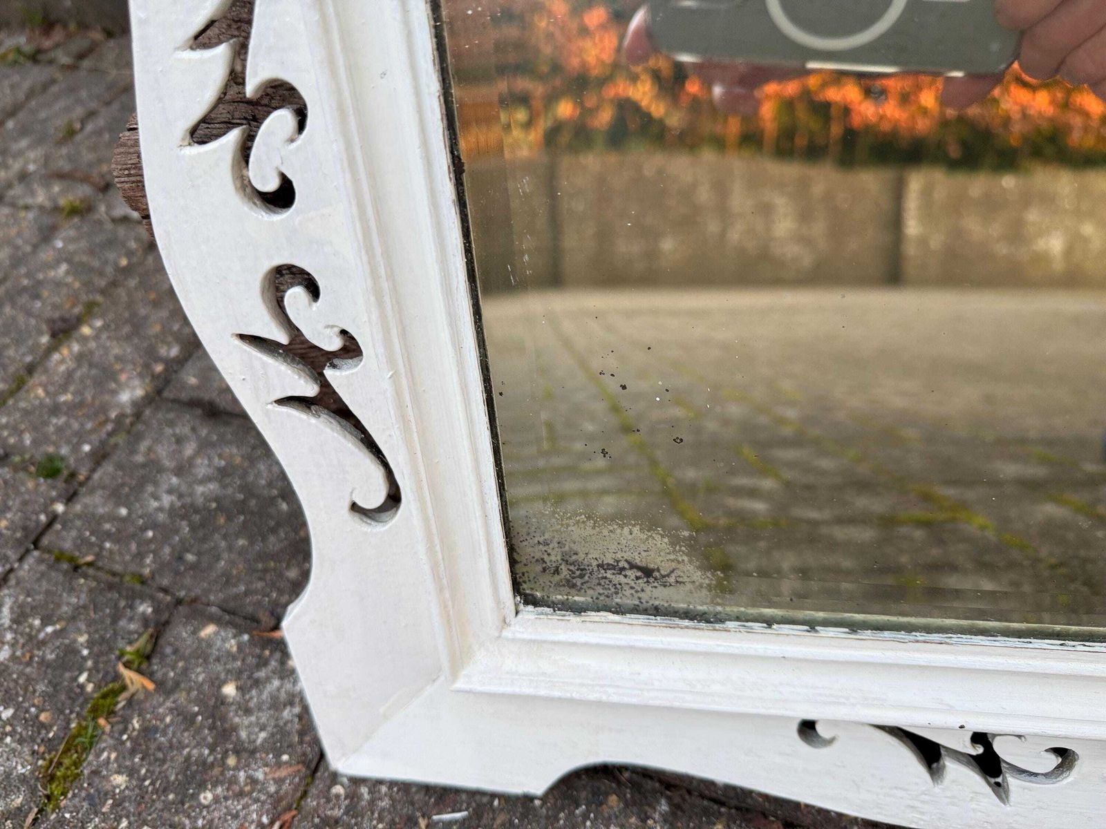 Antique Painted Wall Mirror, Decorated Mirror Frame, Bevelled Glass – Attractive Small Painted Vintage Mirror (50cm X 40cm) photo Home Decor