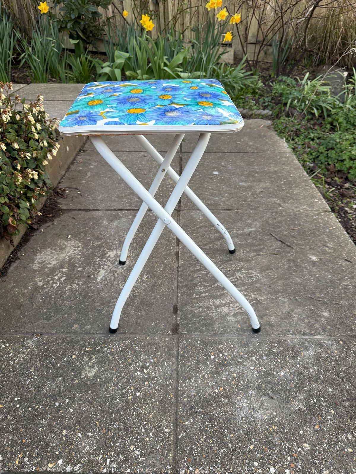Retro Bright Blue Folding Floral Stool   Vintage Kitchen Stool, Folding Stool, Retro Stool, Playroom, Art Room Stool photo 68.0